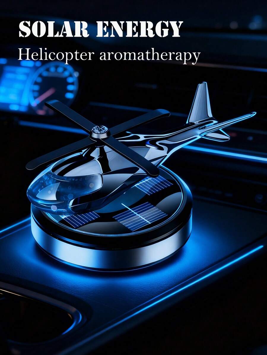 Cool Solar-Powered Helicopter-Shaped Creative Car Ornament – A 2-In-1 Must-Have Automotive Accessory Combining Car Decor And Fragrance Diffuser With Rotating Blades, Available In 5 Colors. The Set Includes Essential Oil, Wooden Scented Chips, And A Dropper. An Ideal Gift For Men And Car Enthusiasts.