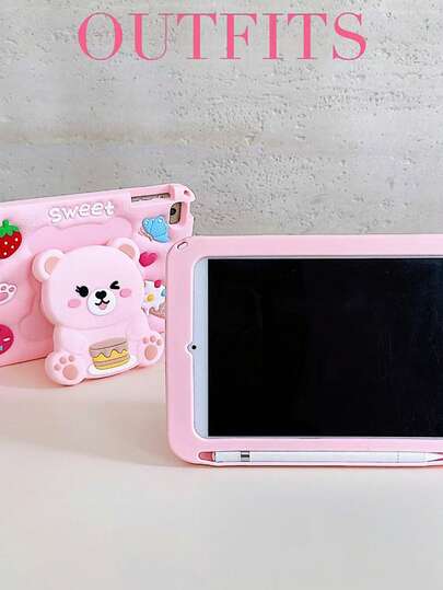 1pc Unisex Big Head Foldable Cake Bear Silicone Stand, Minimalist Cute Portable Cake Bear Holder With Pen Slot, Suitable For IPad Mini 1/2/3/4/5/6/7, Air 4/5/6/7, Pro 11, Air 1/2, IPad 10.2, 9.7, Air 6, 10.9 (No Lanyard)