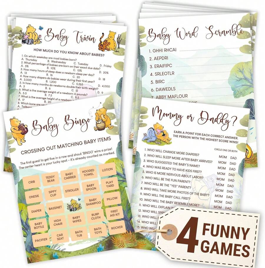 Woodamore Winnie Baby Shower Games Boy - Pooh Baby Shower Bingo Cards For 25 , Word Scramble  Who Mommy Or Daddy Game Ideas For Party Drations - đen - Xem 1