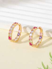 1 đôi bông tai khoen tròn đính đá Zirconia màu hồng đỏ cầu vồng lấp lánh, sang trọng dành cho nữ, màu vàng kim, trang sức cưới/sinh nhật cho phụ nữ. - hoa tai - Xem 5