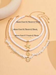 3件套波西米亚海洋沙滩度假风随机石、软陶珠、金属海星、扇贝、贝壳吊坠项链套装 - 白色 - 查看 4