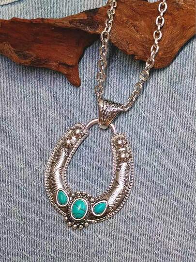 女士复古波西米亚风绿松石镶嵌U形马蹄形雕花合金吊坠项链，适合任何季节、假日、派对、海滩旅行、日常佩戴。喜欢就不要错过！