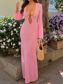 Women's Sexy Long Sleeve Knit Maxi Dress, Spring/Summer Beach Vacation Solid Color Crochet Long Sweater Dress, Bohemian Style Casual Elegant Deep V-Neck Sweater Dress - Pink - View 6
