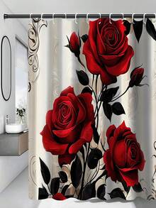1/4 件套精美玫瑰花浴帘套装，装饰浴室套装，包含印花浴帘、防滑浴垫、马桶盖套、浴室地毯和 12 个塑料挂钩，浴室配件，家居装饰，宿舍装饰，农舍装饰 - 彩色 - 查看 18