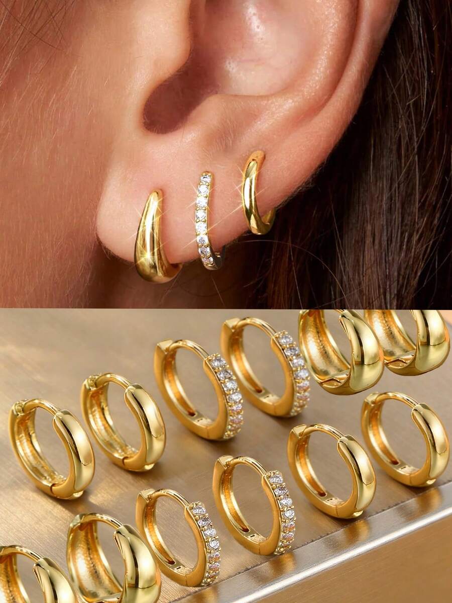 6pcs Minimalist Earring Set, Suitable For Women's Daily Wear - Yellow Gold - View 1