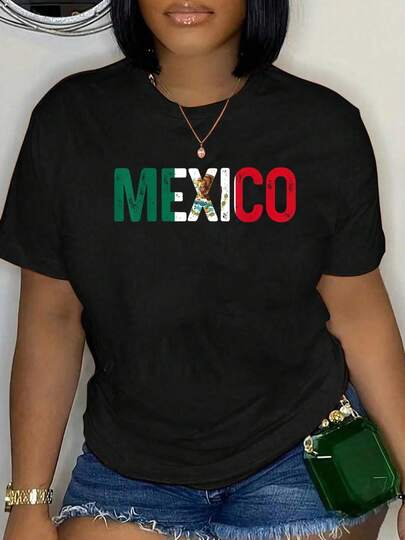 100% Cotton Mexico Mexican Flag Vintage Pride T-Shirt Short Sleeve Round Neck Casual Top For Summer & Spring, Women's Men's Graphic Tee