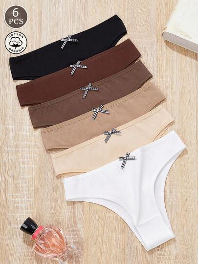 6条装女士纯棉纯色拼接格子蝴蝶结三角裤，简约时尚优雅百搭女士中腰内裤