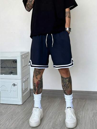1pc Men's Sports Outdoor Basketball Shorts, Breathable Perforated Fabric, Elastic Waistband With Drawstring, Running Fitness Shorts, Black & White Contrast Trim Summer