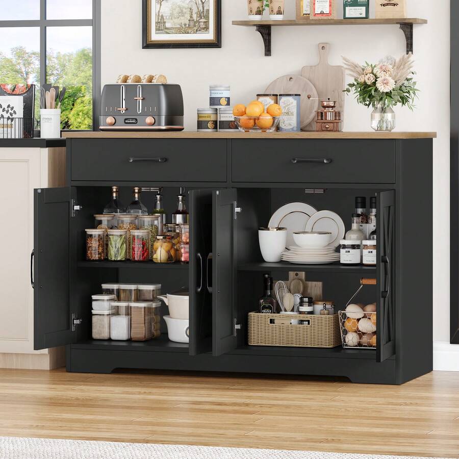 Sideboard, 120cm Wide Kitchen Cabinet With Worktops, Kitchen Buffet Storage Cabinet With 2 Drawers And 4 Doors Living Room, Kitchen, Hallway - Black - View 1