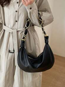 1pc Women's Fashion Black PU Casual Hobo Bag, Minimalist Vintage Chain Shoulder Bag, Large Capacity Zipper Closure Crescent Bag, Suitable For Daily Use, Shopping, Commuting, Gift, Wedding - Black - View 5