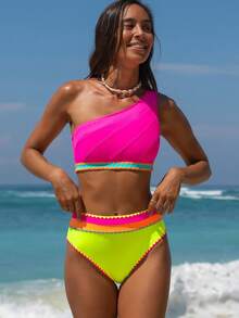 popvil Women Color Block Patchwork One Shoulder Bikini Set For Summer Holiday Vacation Beach - Multicolor - View 3