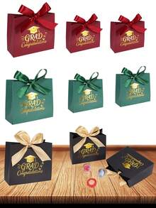 10PCS/1PC/Small Graduation Gift Bag/Box [With Ribbon], Suitable For Small Items. Perfect For Holiday Parties And Graduation Seasons. - Dark Green With Dark Green Ribbon [Graduation Cap] - View 1