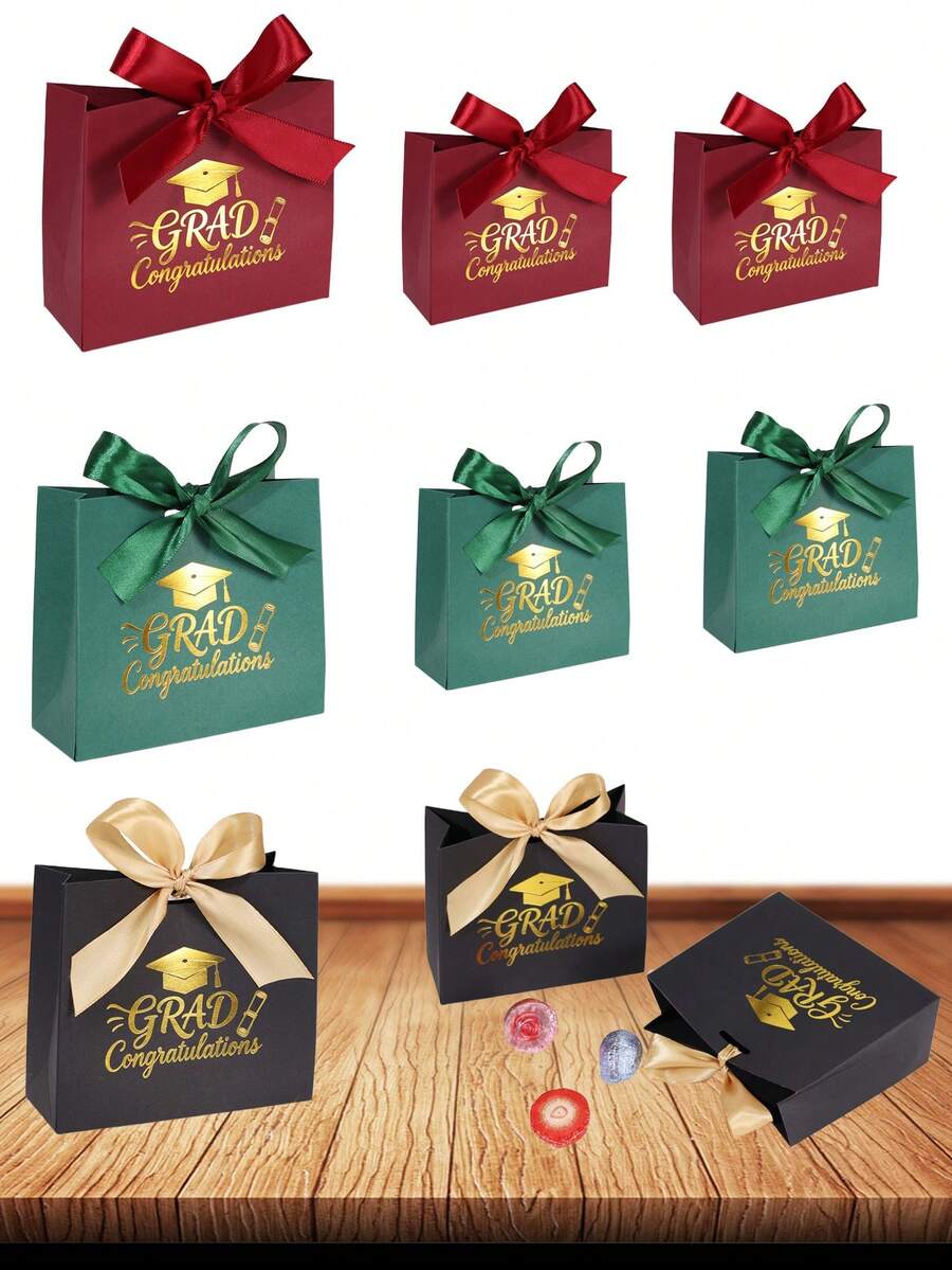10PCS/1PC/Small Graduation Gift Bag/Box [With Ribbon], Suitable For Small Items. Perfect For Holiday Parties And Graduation Seasons. - Dark Green With Dark Green Ribbon [Graduation Cap] - View 1