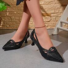 新款春夏低跟镂空套脚鞋，女士时尚尖头中跟软底皮鞋 - 黑色 - 查看 3