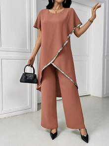 女士休闲度假风亮片饰边裹身不对称下摆长款上衣和阔腿长裤阿拉伯风格服装套装，夏季套装，春假装，情人节装，优雅派对装，生日套装，度假装，春假装 - 卡其色 - 查看 1