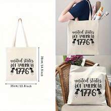 Unisex Heavy-Duty Tote Bag - USA 1776 Patriotic Theme With 1776 Print, Beige/Black Colors, Washable Casual Shoulder Bag Men & Women, Commuting, Travel, Independence Day Events - trắng - Xem 4