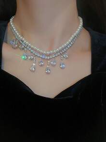 1件水晶和仿珍珠装饰多层奢华吊坠项链，适合晚宴装扮、开斋节、新年礼物、生日礼物 - 銀色 - 查看 3