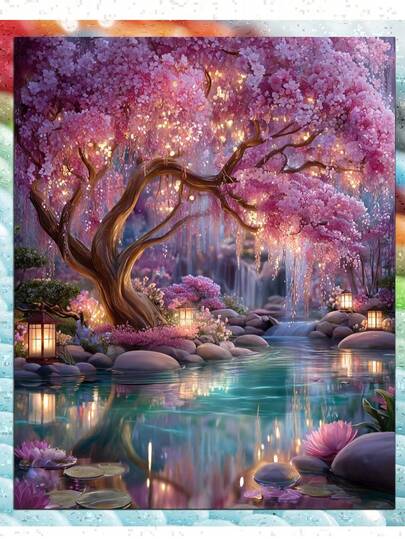 Pink Flowers Tree Landscape Diamond Art Painting Kits 5D Diamond Full Round Drill, DIY Diamond Art Kits For Adults, Gem Art Painting With Diamonds, Arts And Crafts For Beginners Adult Wall Decor