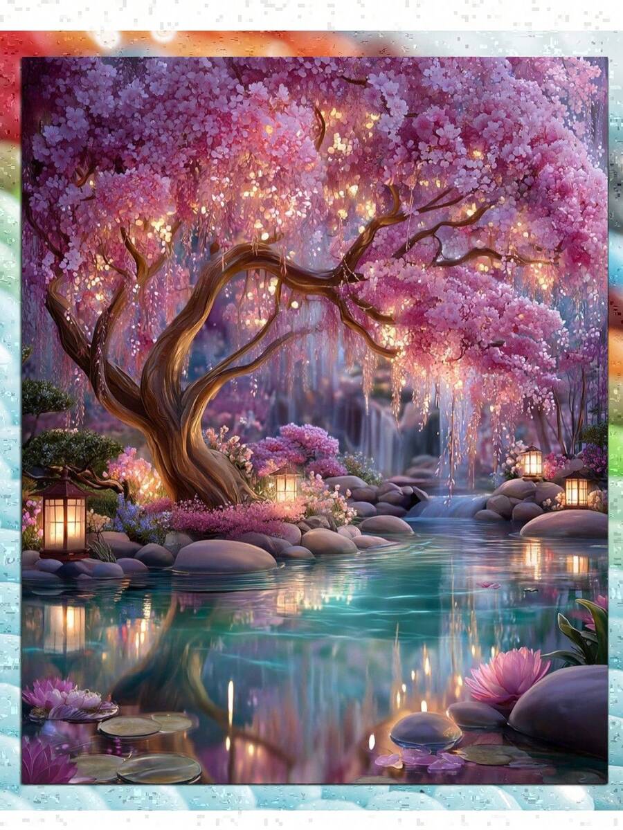 粉色花樹風景鑽石畫套裝,5D全鑽,成人DIY鑽石畫組,寶石藝術鑽石畫,適合初學者成人牆面裝飾 - 彩色 - 查看 1