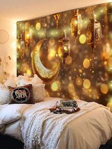 1pc Eid Mubarak Pattern Printed Tapestry, Large Size Decorative Hanging Cloth, Home Decor, Holiday Gift, Party Decoration, Live Streaming Background, Suitable For Living Room And Hotel, With Installation Bag (Accessories Included) - Multicolor - View 1