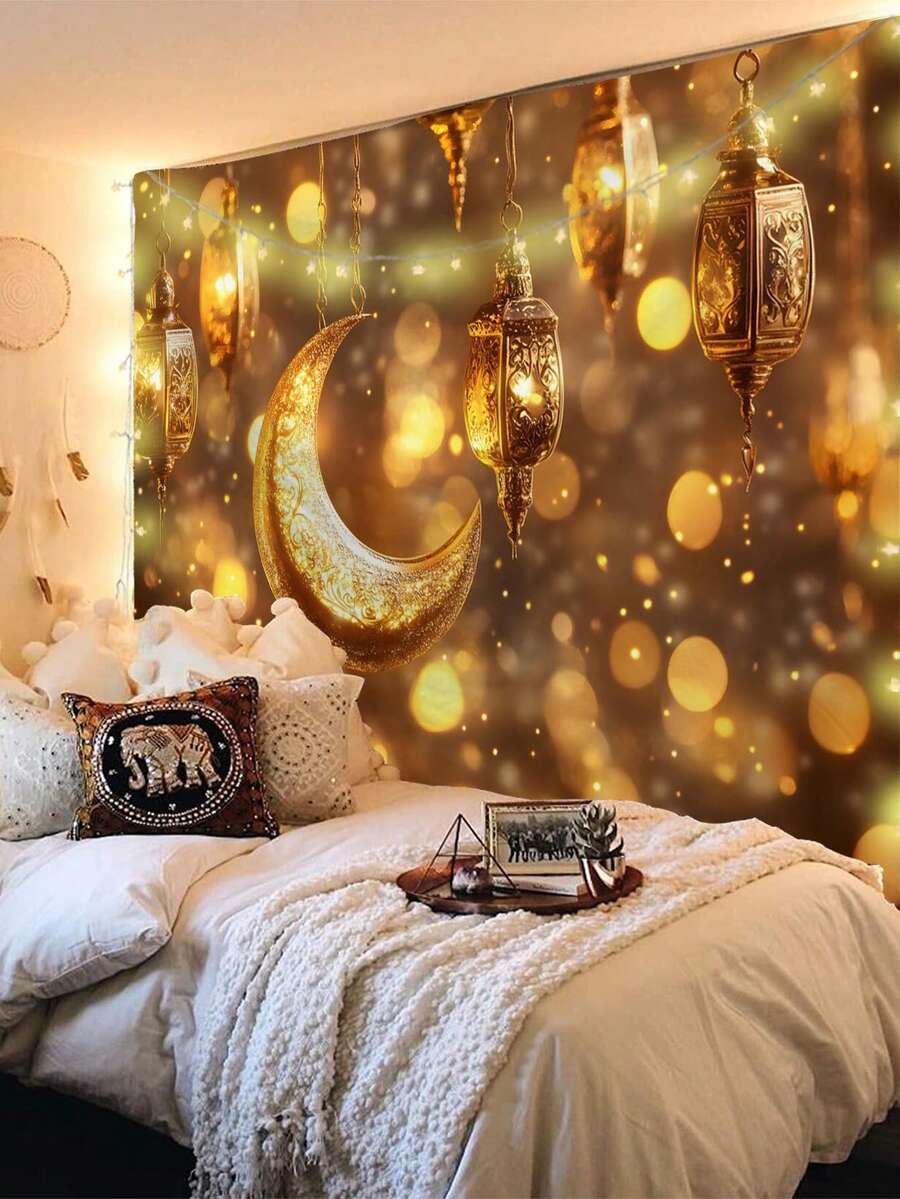 1pc Eid Mubarak Pattern Printed Tapestry, Large Size Decorative Hanging Cloth, Home Decor, Holiday Gift, Party Decoration, Live Streaming Background, Suitable For Living Room And Hotel, With Installation Bag (Accessories Included) - Multicolor - View 1