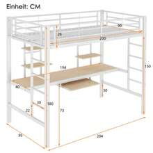 Loft Bed, 90*200 Cm, Metal Bed Frame, Iron Bed, Loft Bed With Desk And Two Bookshelves For Children, Teenagers And Adults, White - White - View 2