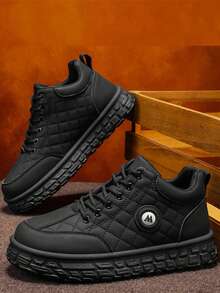 2026 New Men's Quilted Pattern Thick Sole Anti-Slip Wear-Resistant Warm Casual High-Top Shoes - Black - View 8