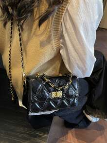 Fashionable High-Quality Quilted Embroidery Design Flap Metal Buckle Small Square Bag With Chain Strap, Elegant Shoulder/Crossbody Bag For Women - Black - View 5