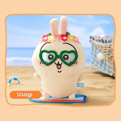 Miniso 千川系列兔兔夏季花环毛绒玩偶，短毛绒材质，花环和心形眼镜细节，适合桌面/便携式摆设，可爱毛绒玩偶（1个）