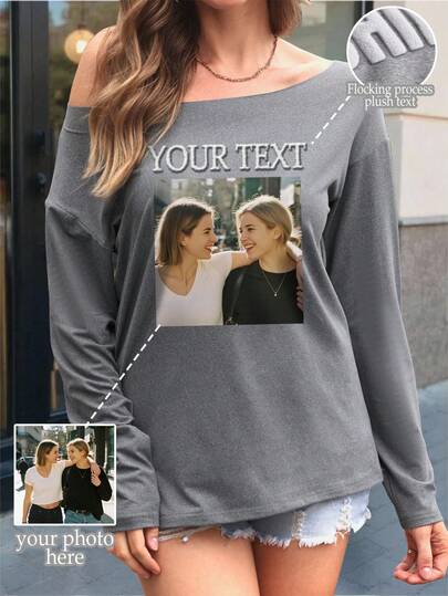 Customized Women's Oversized Crew Neck Long Sleeve T-Shirt, Personalized, Suitable For Spring, Summer, Autumn, Valentine's Day, Women's Day, Casual Loose Fit Gray T-Shirt, Suitable For Outings, Shopping, Celebrations, Gatherings, Social Events, Travels