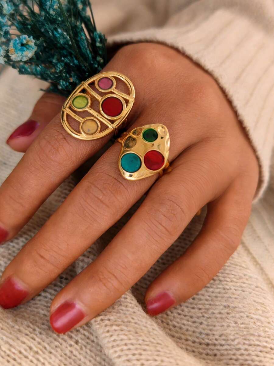 2pcs Stainless Steel Ombre Color Drip Design Ring Set For Women - Yellow Gold - View 1