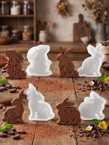 1pc Silicone Flat Rabbit Chocolate Mold, Featuring A Relief Floral Pattern Design. It Is A Standing Rabbit-Shaped Small Cake Mold And Can Also Be Used As A Cartoon Rabbit-Shaped Soap Or Aromatherapy Mold. - White - View 5