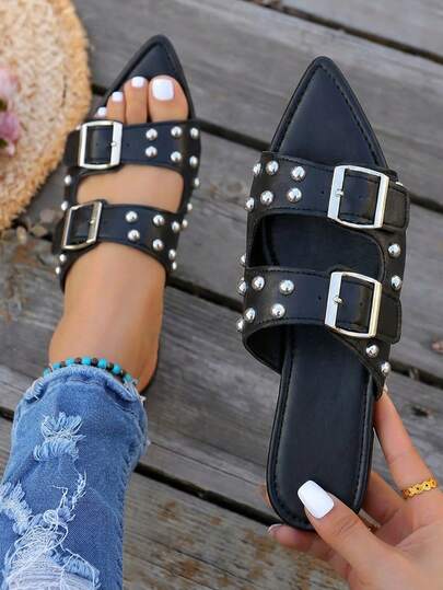 Sandalias planas de mujer Primavera/Verano 2026, con doble tira, hebilla ajustable, diseño con remaches, casuales y de moda, versátiles, suela antideslizante, punta abierta, perfectas para el verano, ideales para vacaciones en la playa, diseño slip-on, aptas para uso diario, fiestas y actividades al aire libre, regalo ideal para el Día de San Valentín para mujeres fashionistas