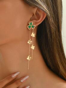 1 Pair Spring/Summer Green Clover Tassel Earrings, Multi-Layer Clover Design With Rhinestone Accents, Tassel Fringe, Suitable For Daily Wear, Gifts, Parties, Dates, Unique Design Earrings - Multicolor - View 3