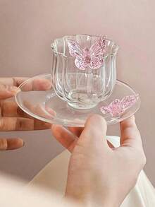 Bộ 1 tách trà và đĩa lót hình bướm 3D màu hồng, bộ tách trà và đĩa lót hình bướm nữ tính dùng cho tiệc trà chiều, bộ tách cà phê latte kiểu Ins-Style, thích hợp cho các cửa hàng tráng miệng, quán cà phê, nhà hàng, phòng khách. - Nhiều màu - Xem 3