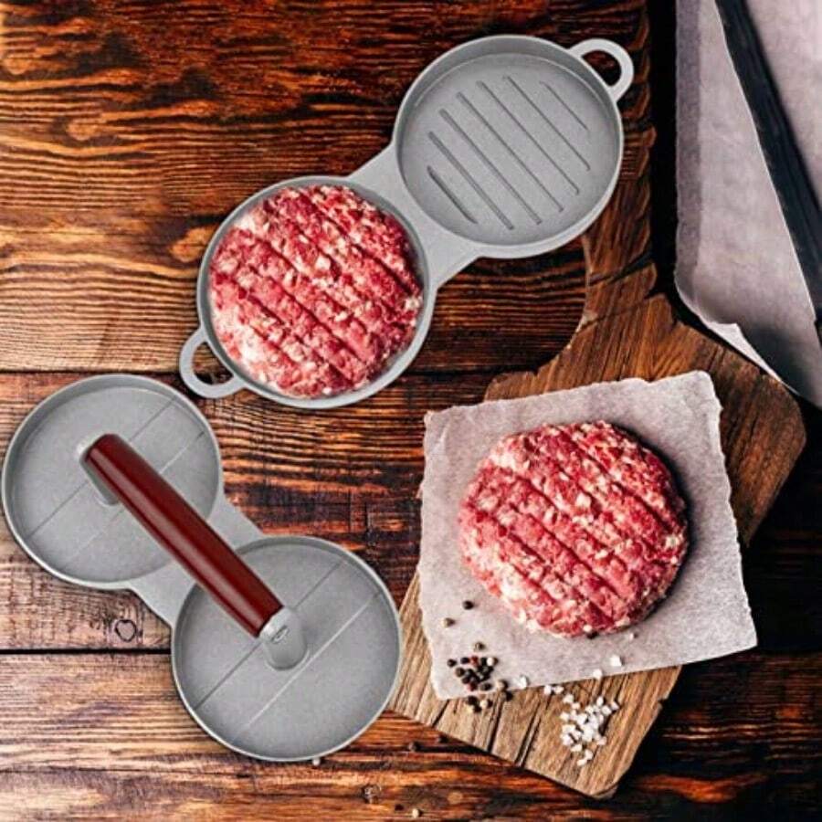 Prensa doble para hamburguesas 1 herramienta para hacer hamburguesas con aleación de aluminio para alimentos sartén antiadherente grande mango de agarre suave adecuado para dar forma a carne de - como en la foto - Ver 1