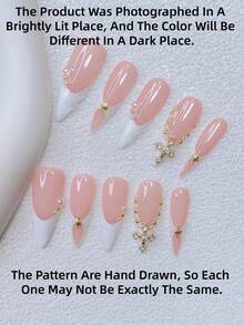 10片装Y2K美甲尖头按压式美甲套装 - 手工制作，粉色美甲，白色美甲，白色法式美甲，手工3D仿珍珠链，手绘3D水滴图案设计，闪亮金色十字架和金色星星点缀，精致优雅美甲用品手工按压式美甲 - 彩色 - 查看 4