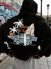 "Goditi la tua vacanza" – Felpa con cappuccio da surf e campeggio, felpa casual da uomo, ampia e comoda, perfetta per l'uso quotidiano, lo street style, l'abbigliamento sportivo all'aperto e le vacanze - nero - Visualizzare 1