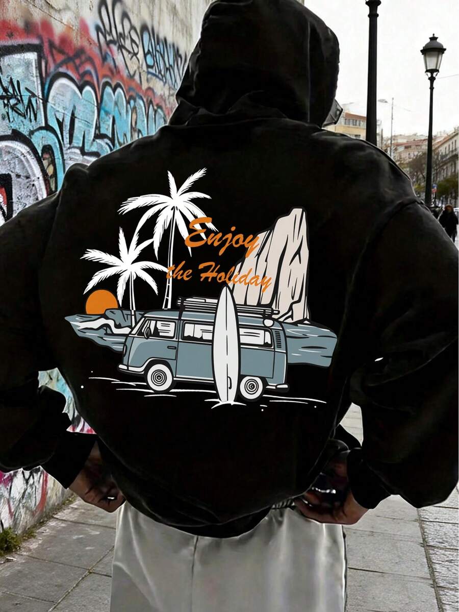 "Goditi la tua vacanza" – Felpa con cappuccio da surf e campeggio, felpa casual da uomo, ampia e comoda, perfetta per l'uso quotidiano, lo street style, l'abbigliamento sportivo all'aperto e le vacanze - nero - Visualizzare 1