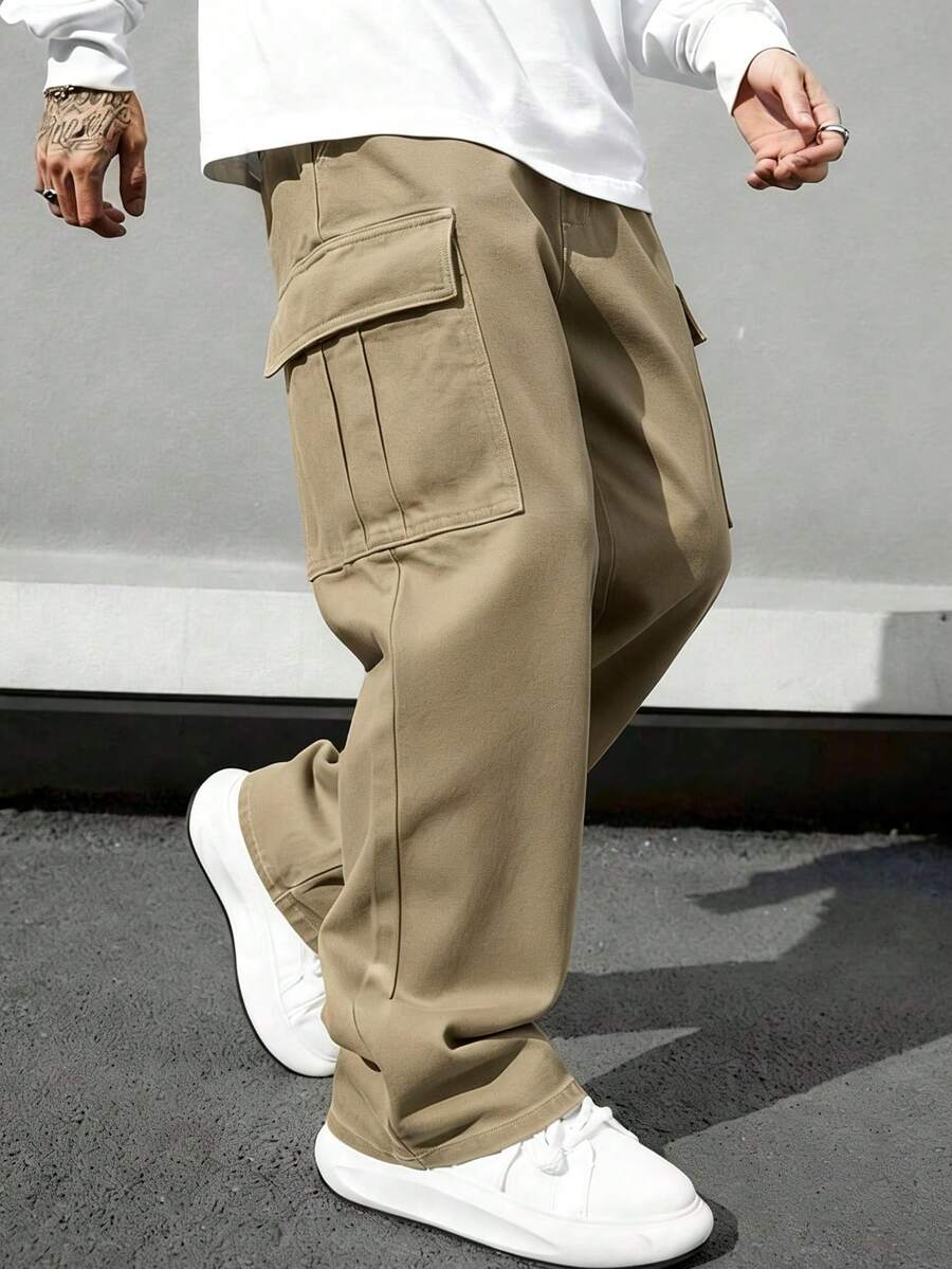 Men's Loose Fit Cargo Pants With Pockets And Drawstring Waist, Solid Color Straight Leg Casual Trousers, Suitable For Outdoor, Great Gift For Husband Or Boyfriend Spring - 卡其色 - 查看 1