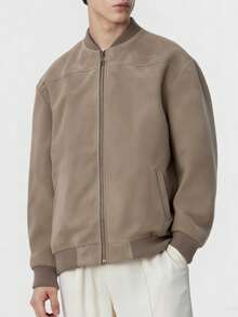 Men's Faux Suede Fleece Casual Jacket, Suitable For Outdoor Wear, Zipper Design, Suitable For Spring And Autumn, Autumn Jacket, Gift For Men - Camel - View 1