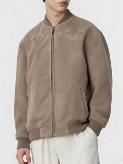 Men's Faux Suede Fleece Casual Jacket, Suitable For Outdoor Wear, Zipper Design, Suitable For Spring And Autumn, Autumn Jacket, Gift For Men