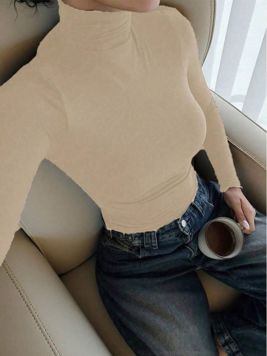 女士简约复古硬币图案优雅休闲高领长袖针织打底衫，秋季款 - 杏色 - 查看 1