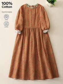 Spring & Autumn New Women's Artistic Fresh Floral Lace Collar 3/4 Sleeve Dress, Loose Floral Dress With Contrast Lace Collar Design - Mocha Brown - View 3