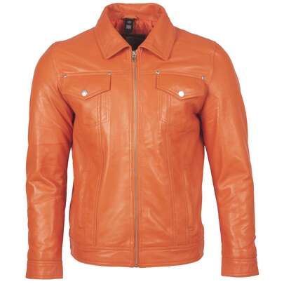 AVIATRIX Men's Real Leather Trucker Biker Jacket AGQ5 Orange