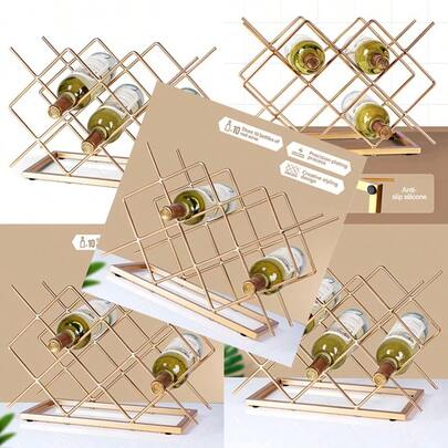 Countertop Wine Rack - 10 Bottle Freestanding Modern Gold Metal Small Wine Rack - Tabletop Wine Holder Stand For Cabinet Pantry Wine Bottle Storag…