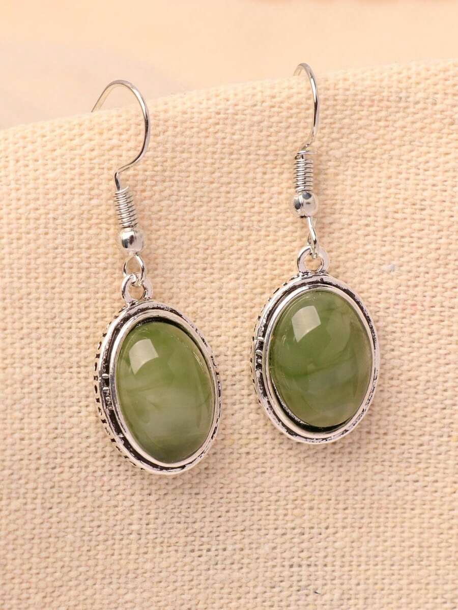 1 Đôi bông tai nhỏ hình bầu dục màu xanh quân đội thời trang đính đá giả, dành cho nữ, thích hợp cho mùa xuân. - Xem 1