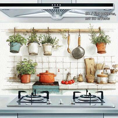 1 st kökstapet i stil med dekoration - självhäftande PVC-film med gröna växter, spishällar och porslin - lätt att skala av och fästa, inga rester att ta bort - modern köksbaksida, matsal och vardagsrumsinredning - icke-slät yta - perfekt för hyresgäster och husägare, köksinredning och tillbehör, hemförbättring, modern design, högkvalitativ vinyl, dekorativ film, inredningsarkitekt, 2D-platta, köksklistermärken, kökstapet, kylskåp