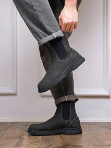 Men's Boots, Thick Sole Round Toe Pull-On Boots, Retro British Mid-Top Boots, Business Casual Daily Motorcycle Riding Boots, Men's Shoes - Gray-black - View 8