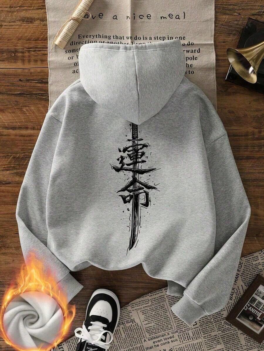 WeStyle Hub Valentine's Day 1 Pcs Women Autumn/Winter New Simple Ins Japanese & Chinese Text Pattern Casual Versatile Pullover Hoodie Sweatshirt     Hunkvalentine's Day>Outfit - 深灰色 - 查看 1